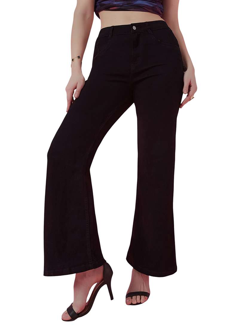 women solid high rise bootcut jeans