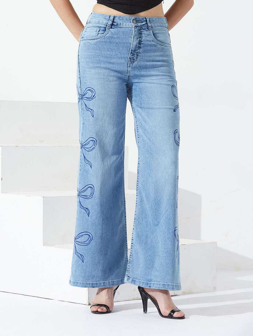 women printed high rise wide leg jeans