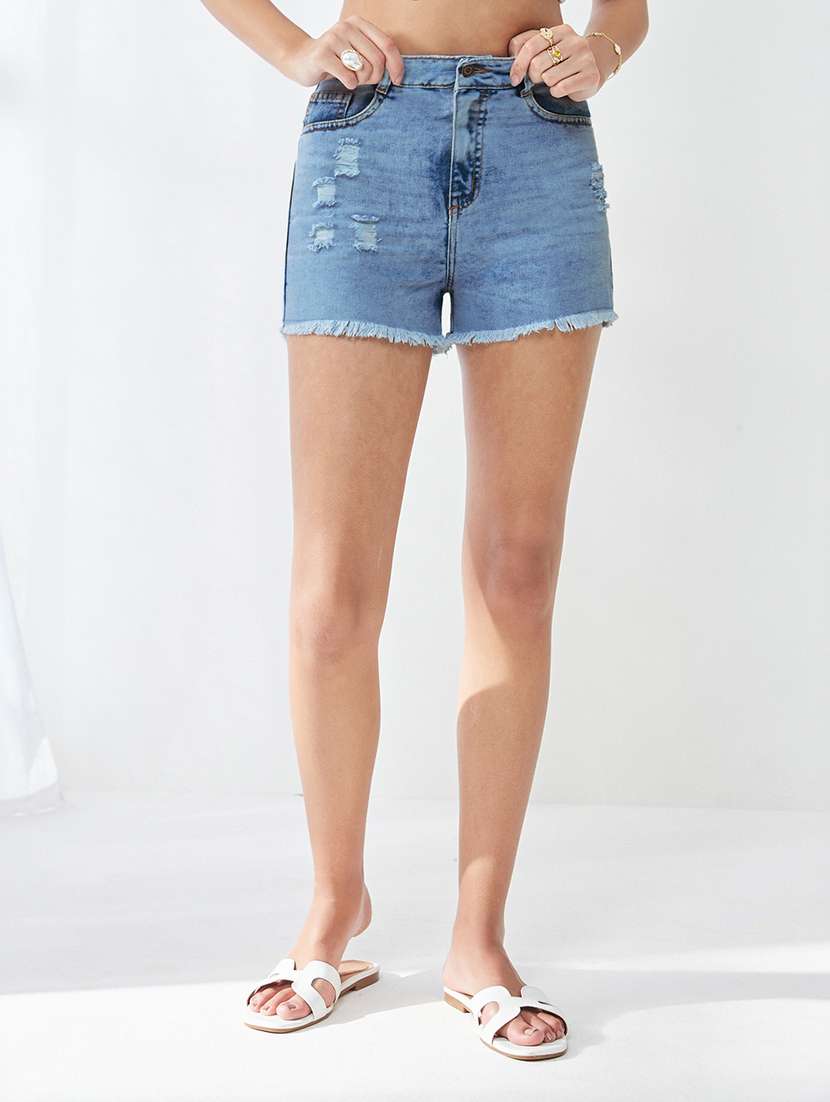 women distressed mid rise denim shorts