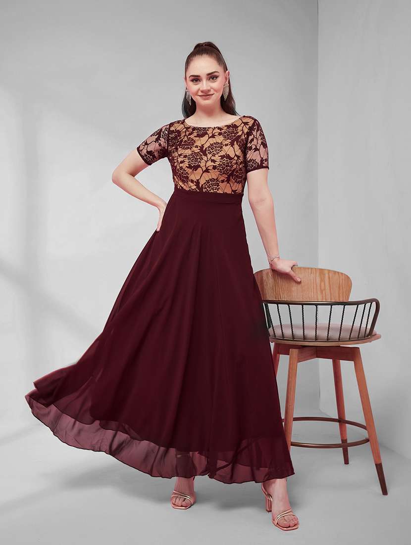 women self design short sleeves fit and flare gown