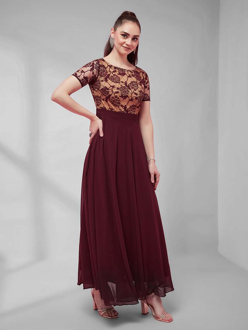 women self design short sleeves fit and flare gown - 22587740 -  Standard Image - 3