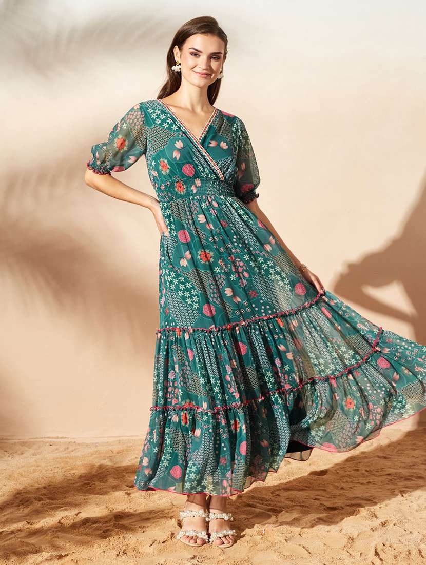 women printed puff sleeves tiered dress