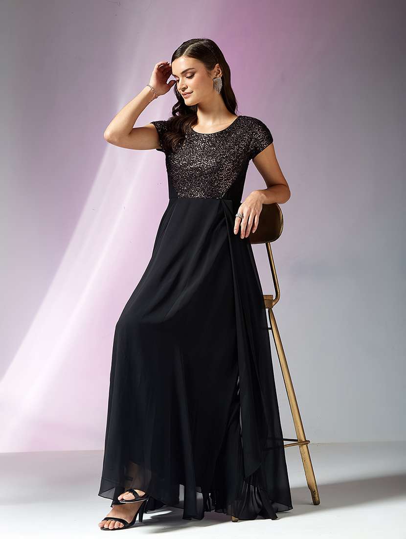 women sequined cap sleeves fit and flare gown - 22587753 -  Standard Image - 5