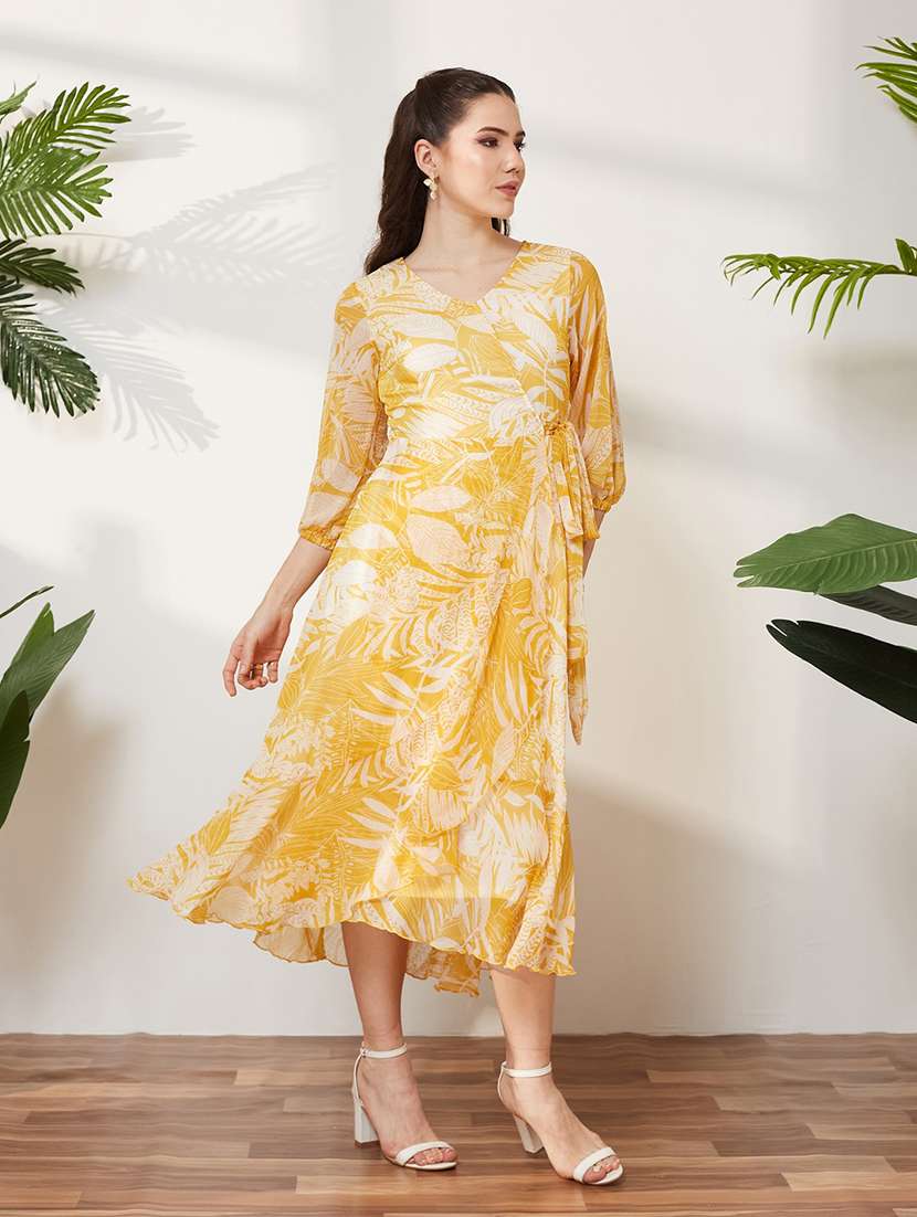 women printed three quarter sleeves wrap dress - 22587761 -  Standard Image - 3