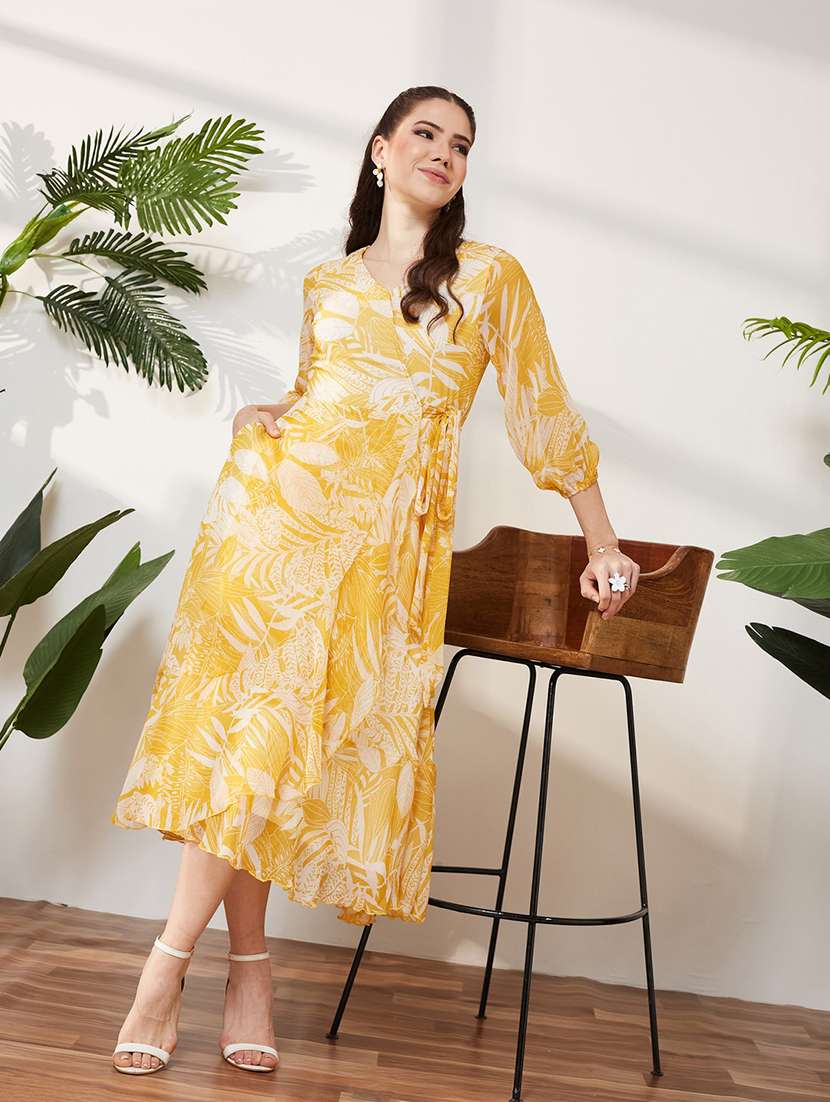 women printed three quarter sleeves wrap dress - 22587761 -  Standard Image - 5