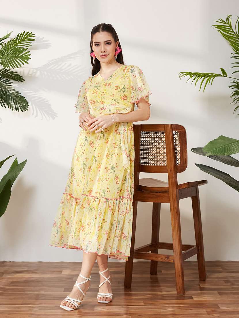women printed flared sleeves tiered dress