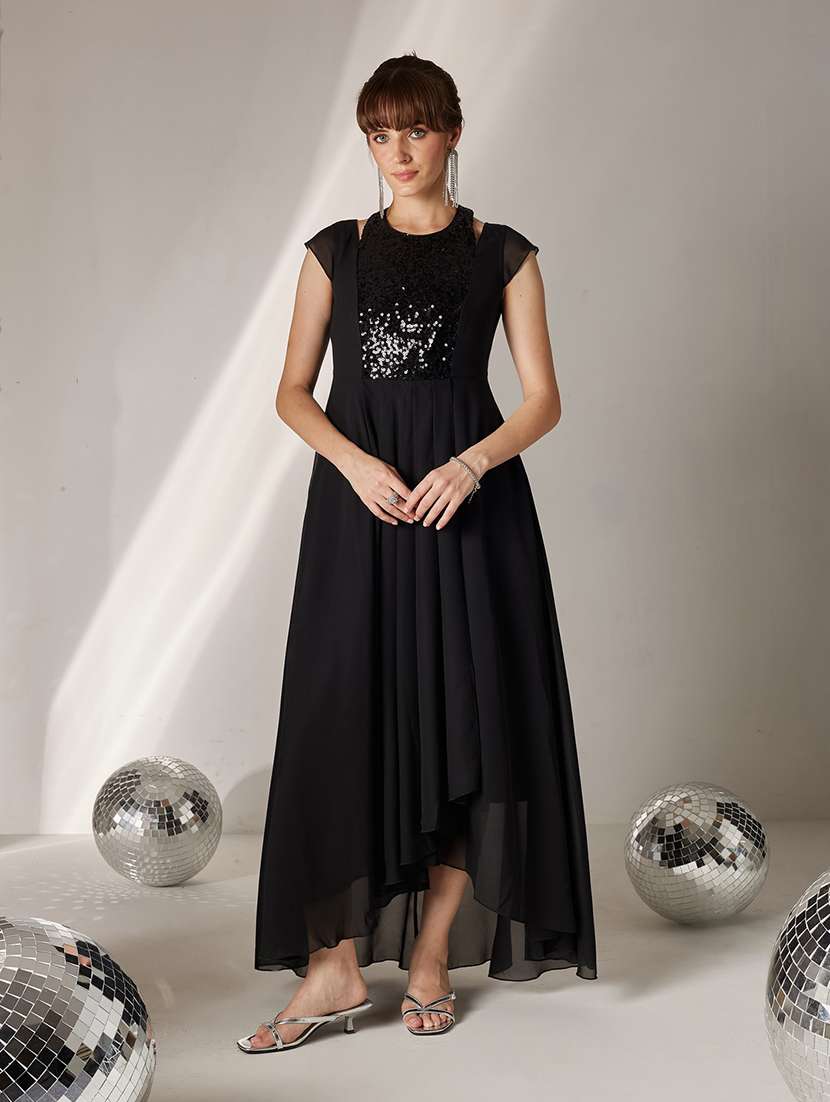 women sequined cap sleeves fit and flare dress