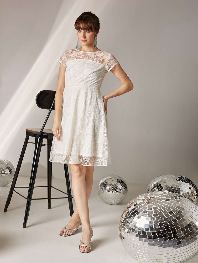 women self design short sleeves fit and flare dress
