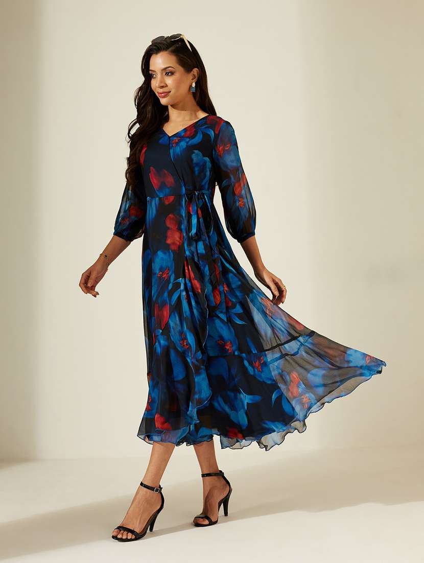 Women Printed Three Quarter Sleeves Wrap Dress - 22587787 -  Standard Image - 3