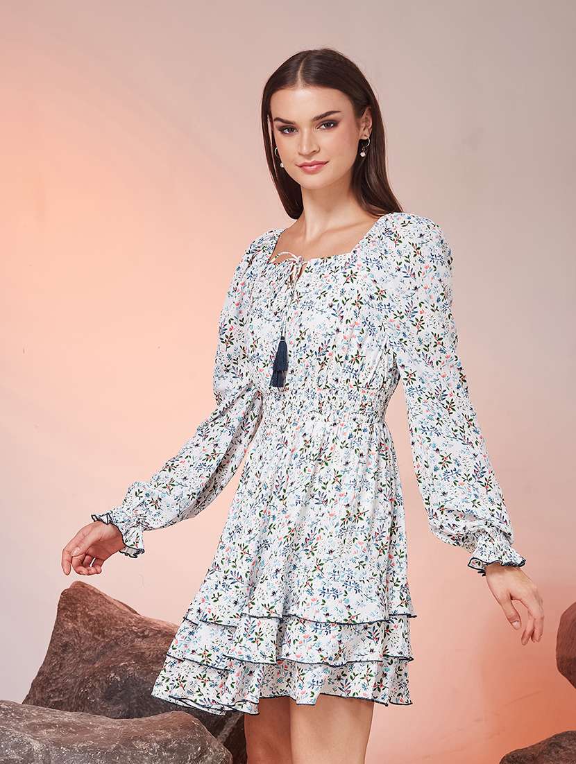 women printed long sleeves tiered dress