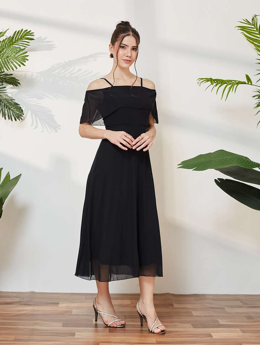 women solid cold shoulder fit and flare dress
