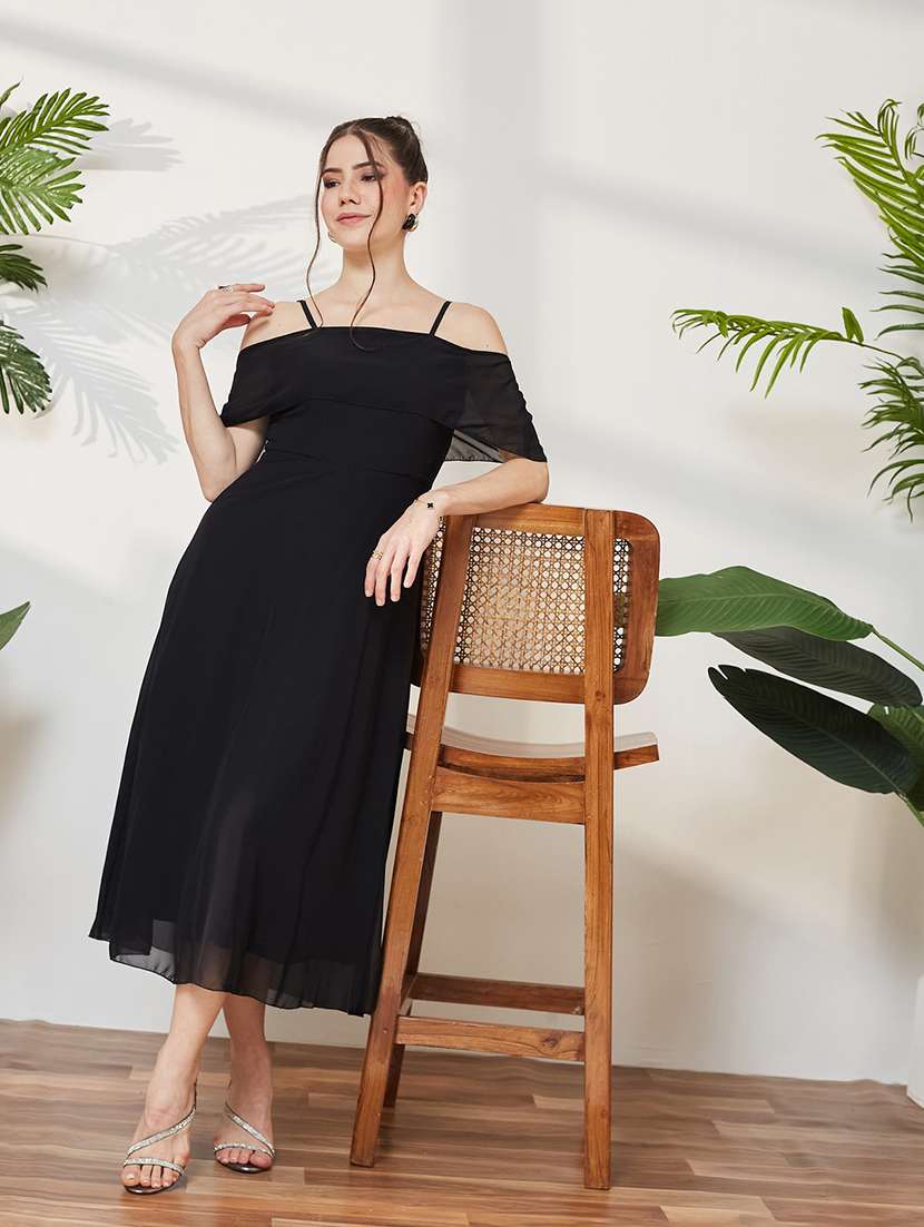 women solid cold shoulder fit and flare dress - 22587799 -  Standard Image - 5