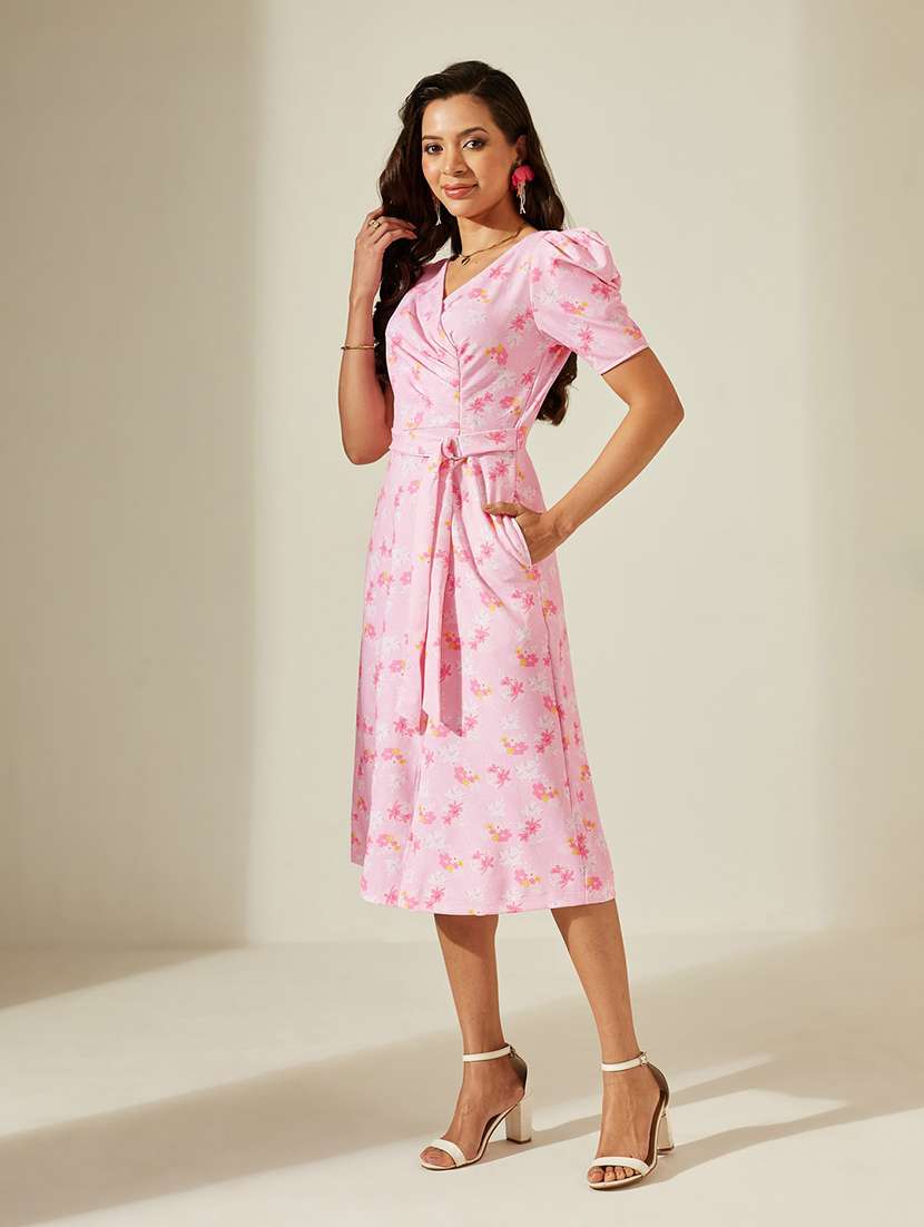 women printed puff sleeves a-line dress
