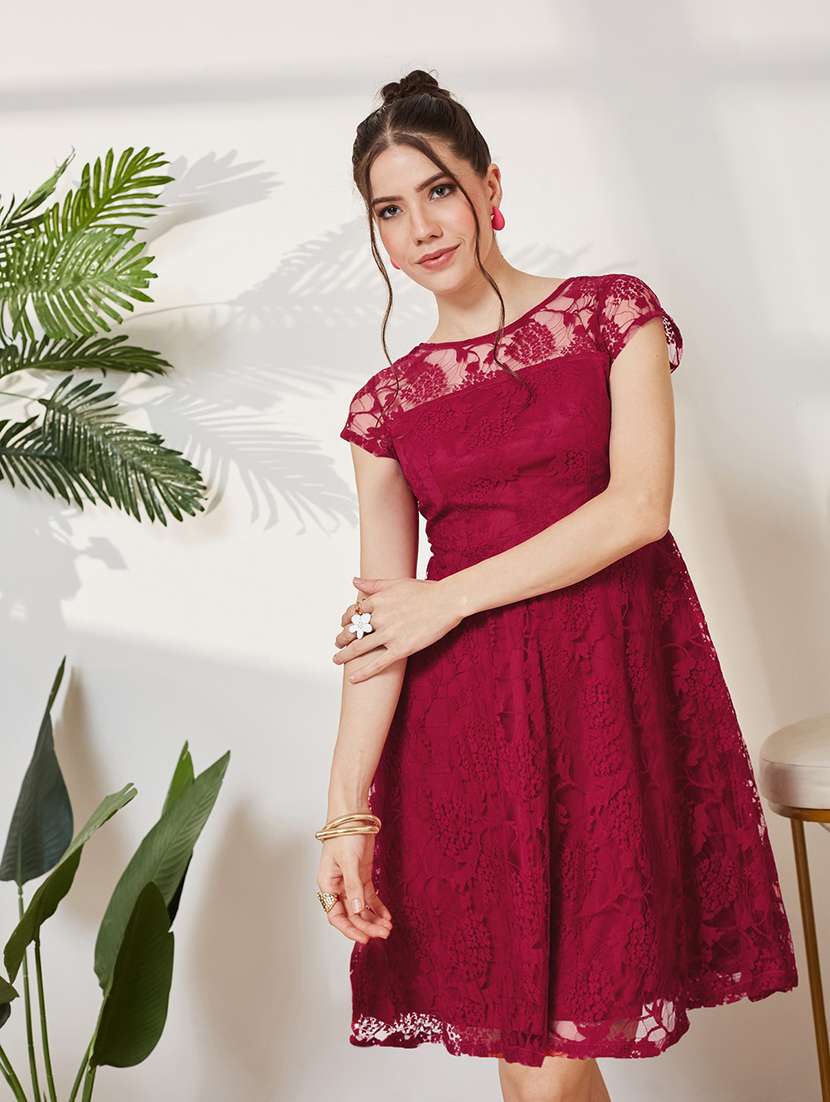 women self design cap sleeves fit and flare dress