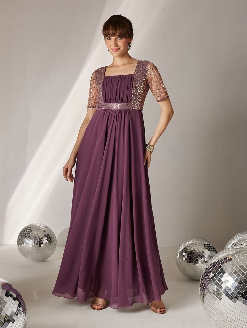 women embroidered short sleeves fit and flare gown