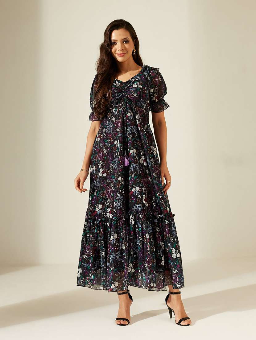 women printed puff sleeves tiered dress