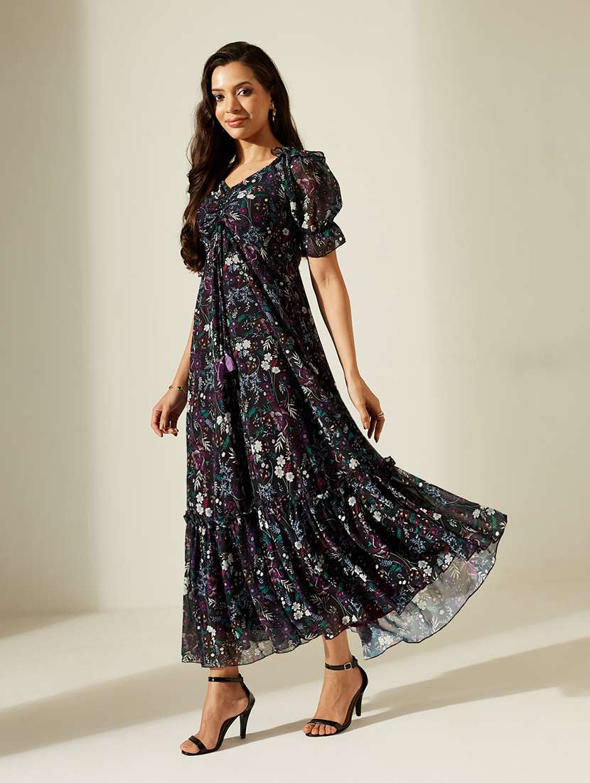 women printed puff sleeves tiered dress - 22587820 -  Standard Image - 3