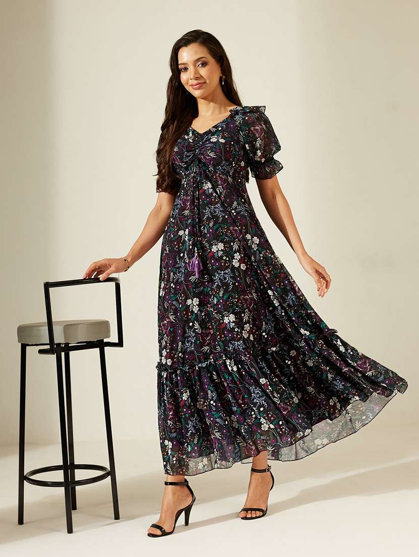 women printed puff sleeves tiered dress - 22587820 -  Standard Image - 5
