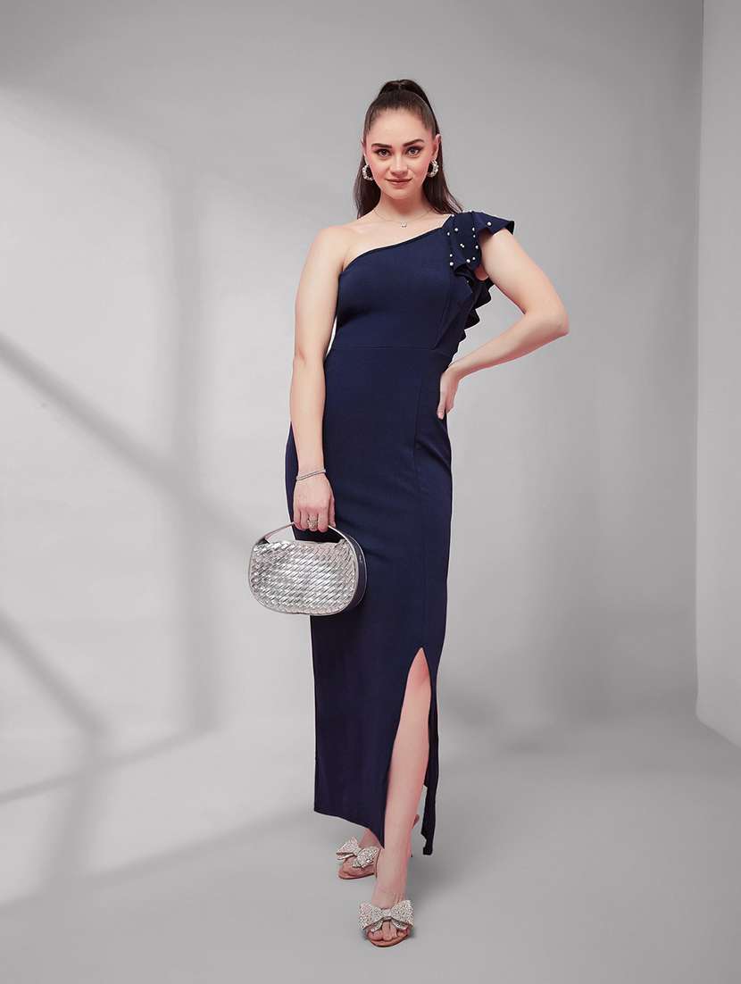 women embellished one shoulder sheath dress
