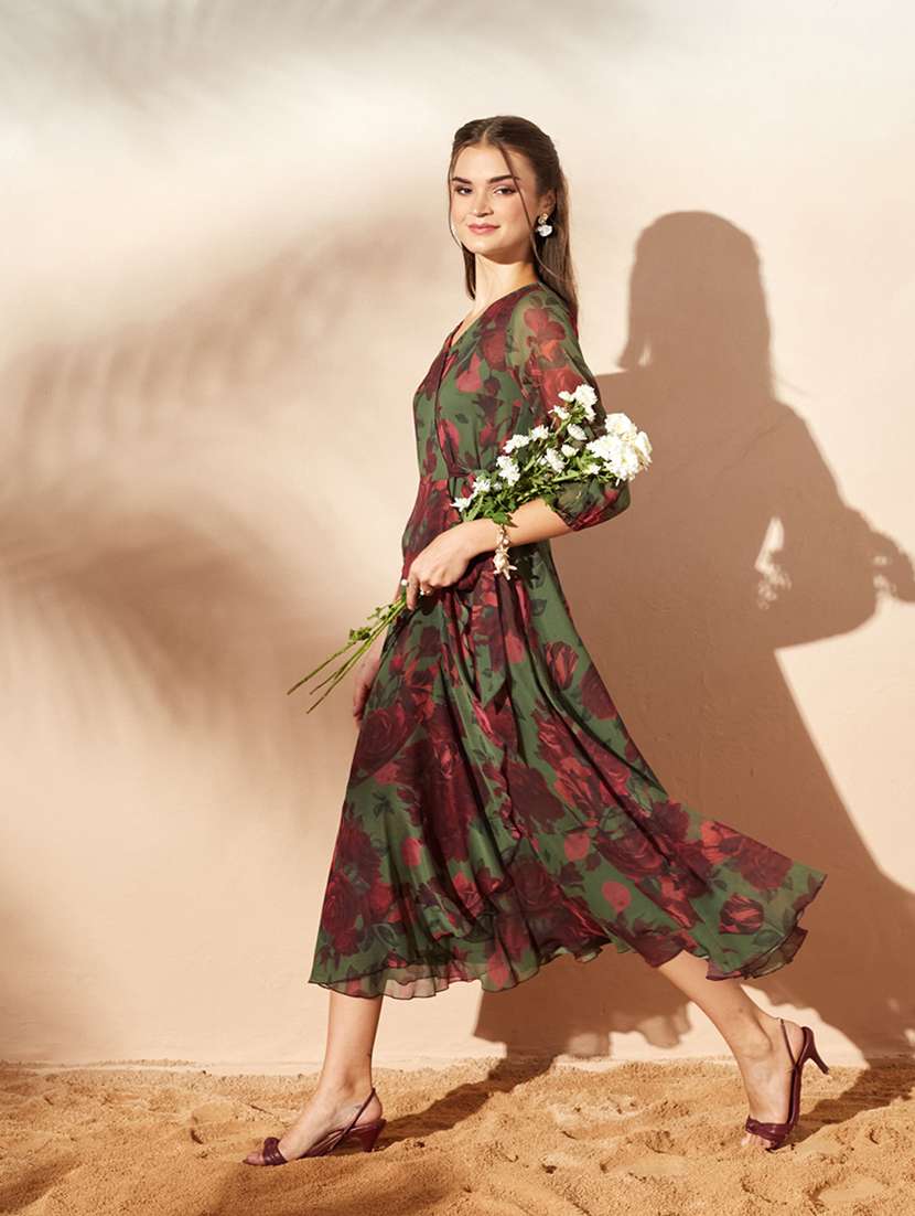Women Printed Three Quarter Sleeves Wrap Dress - 22587834 -  Standard Image - 3