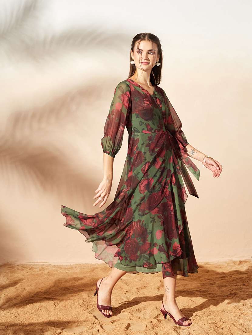 Women Printed Three Quarter Sleeves Wrap Dress - 22587834 -  Standard Image - 5