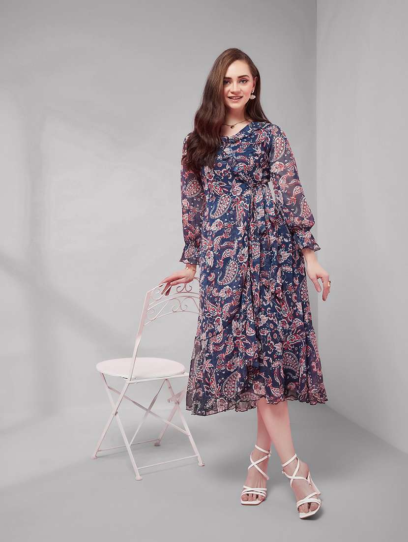 women printed long sleeves wrap dress - 22587836 -  Standard Image - 5