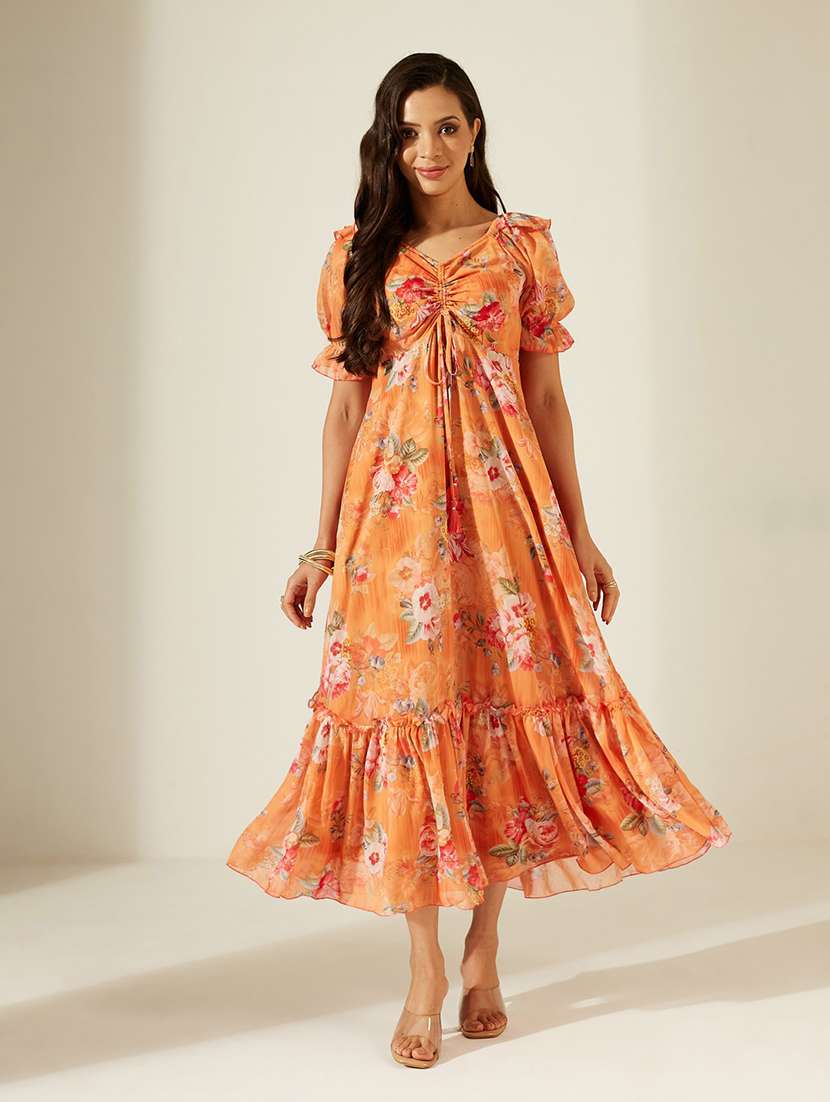 women printed short sleeves tiered dress