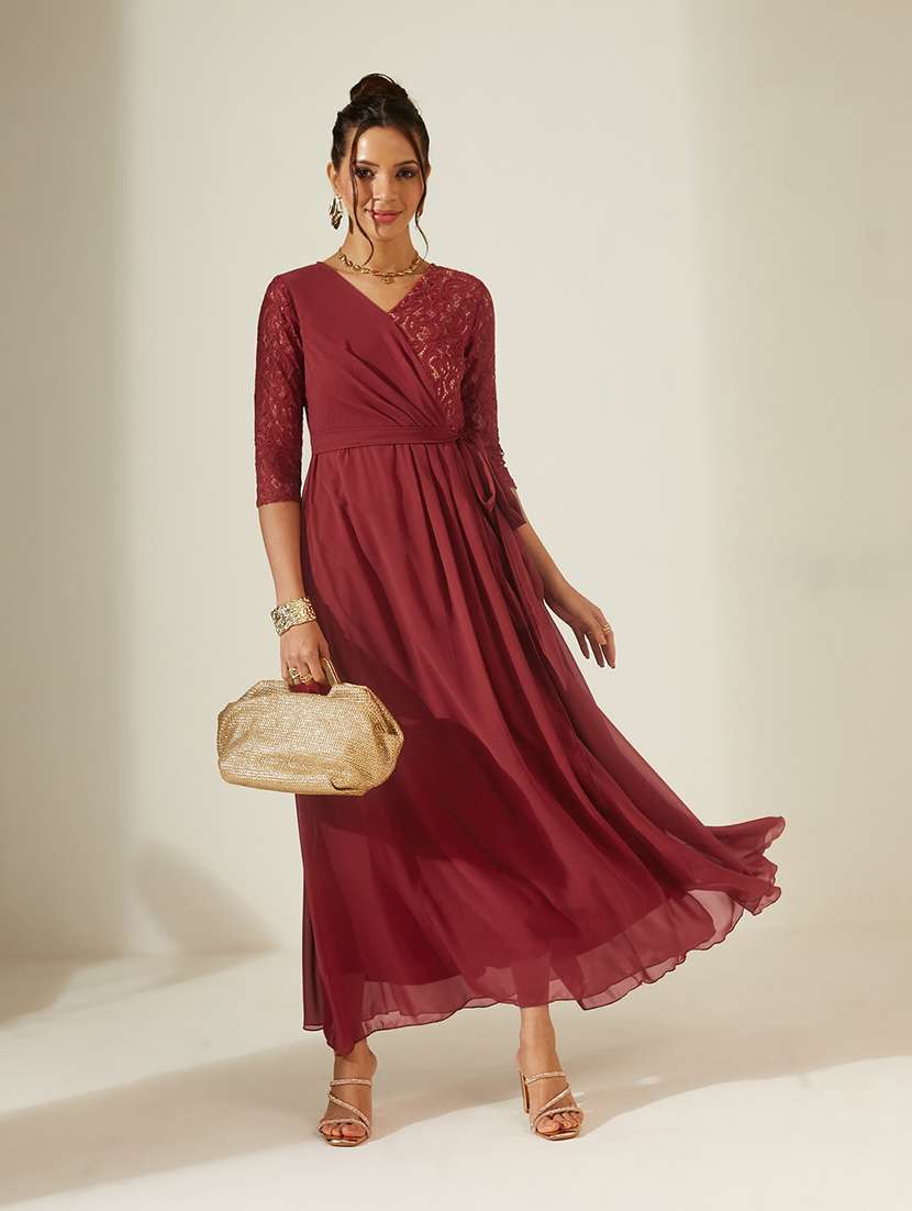 women self design three quarter sleeves fit and flare dress