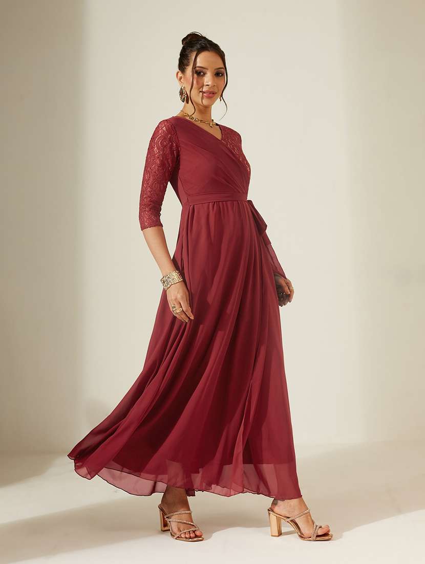 Women Self Design Three Quarter Sleeves Fit And Flare Dress - 22587850 -  Standard Image - 3