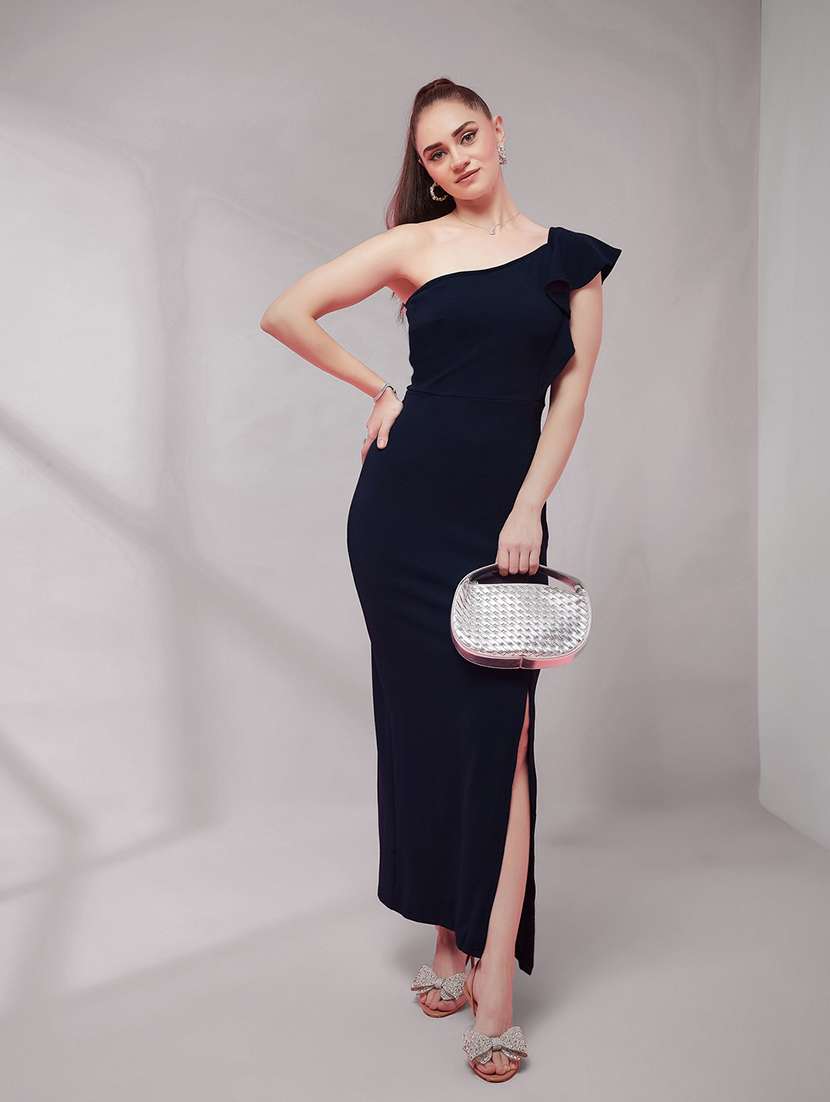 women solid one shoulder sheath dress