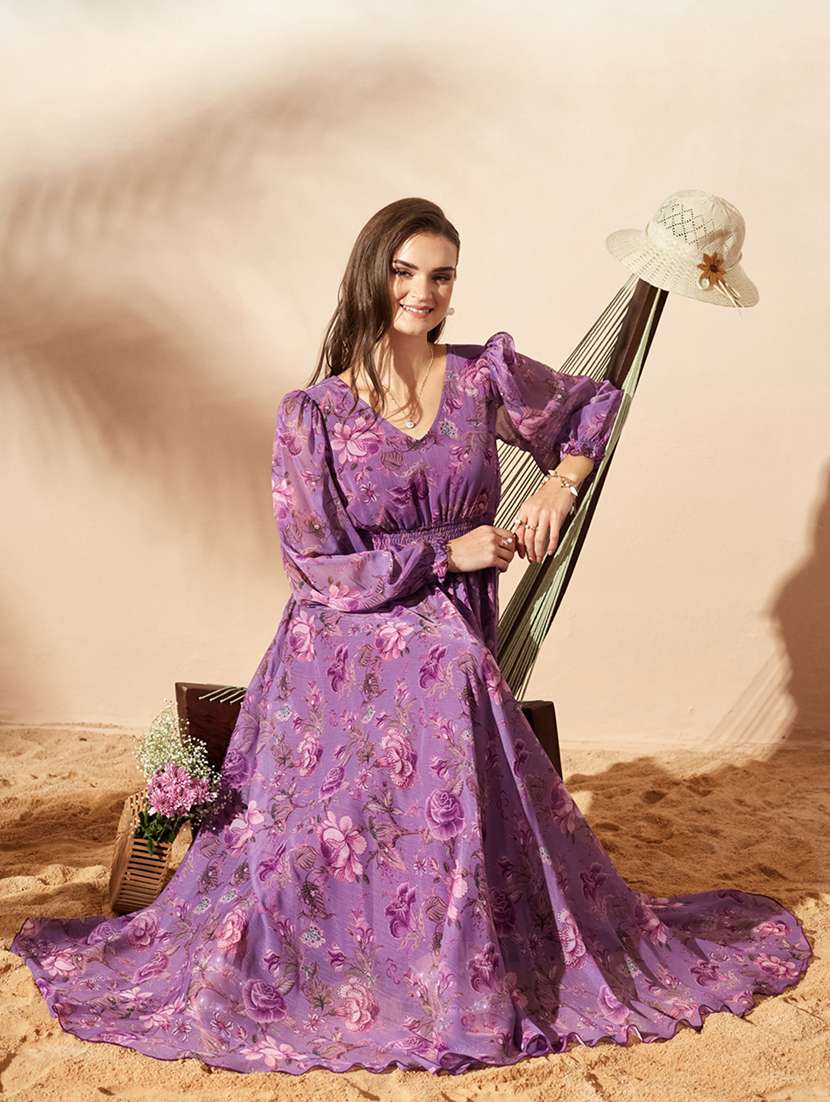 women printed bishop sleeves fit and flare dress - 22587860 -  Standard Image - 5