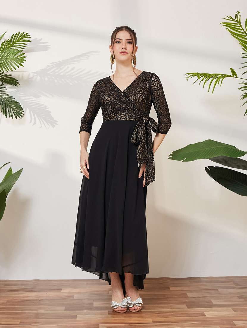 women self design three quarter sleeves high low dress