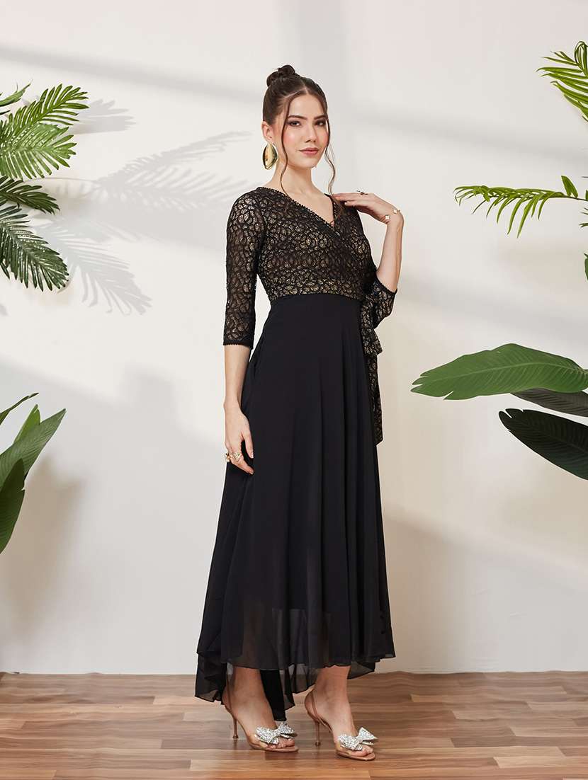 Women Self Design Three Quarter Sleeves High Low Dress - 22587861 -  Standard Image - 3