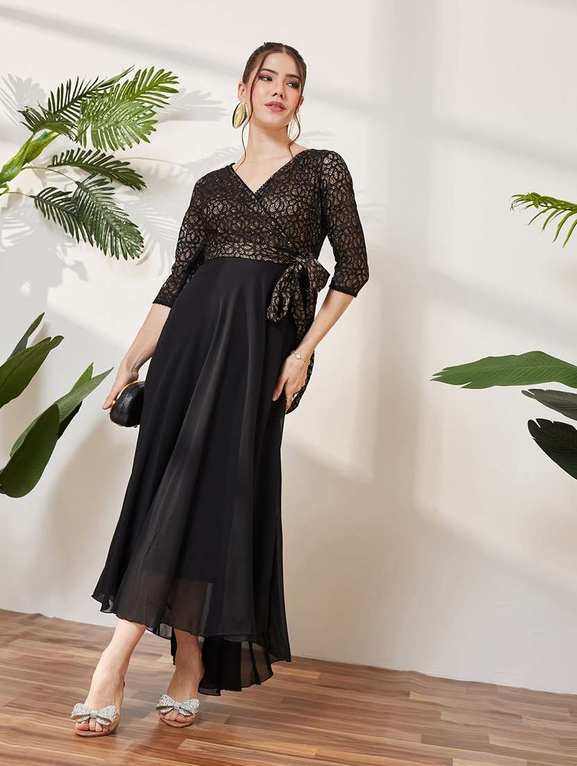 Women Self Design Three Quarter Sleeves High Low Dress - 22587861 -  Standard Image - 5