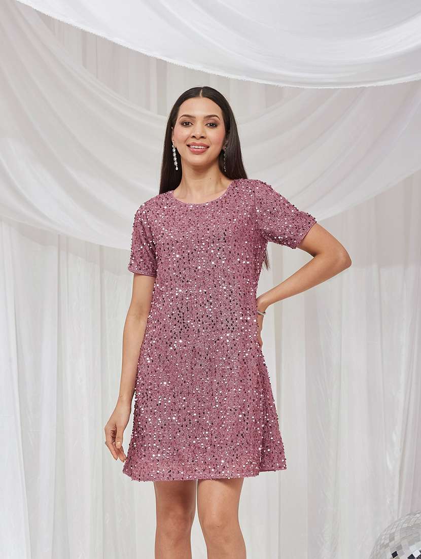 women embellished short sleeves a-line dress