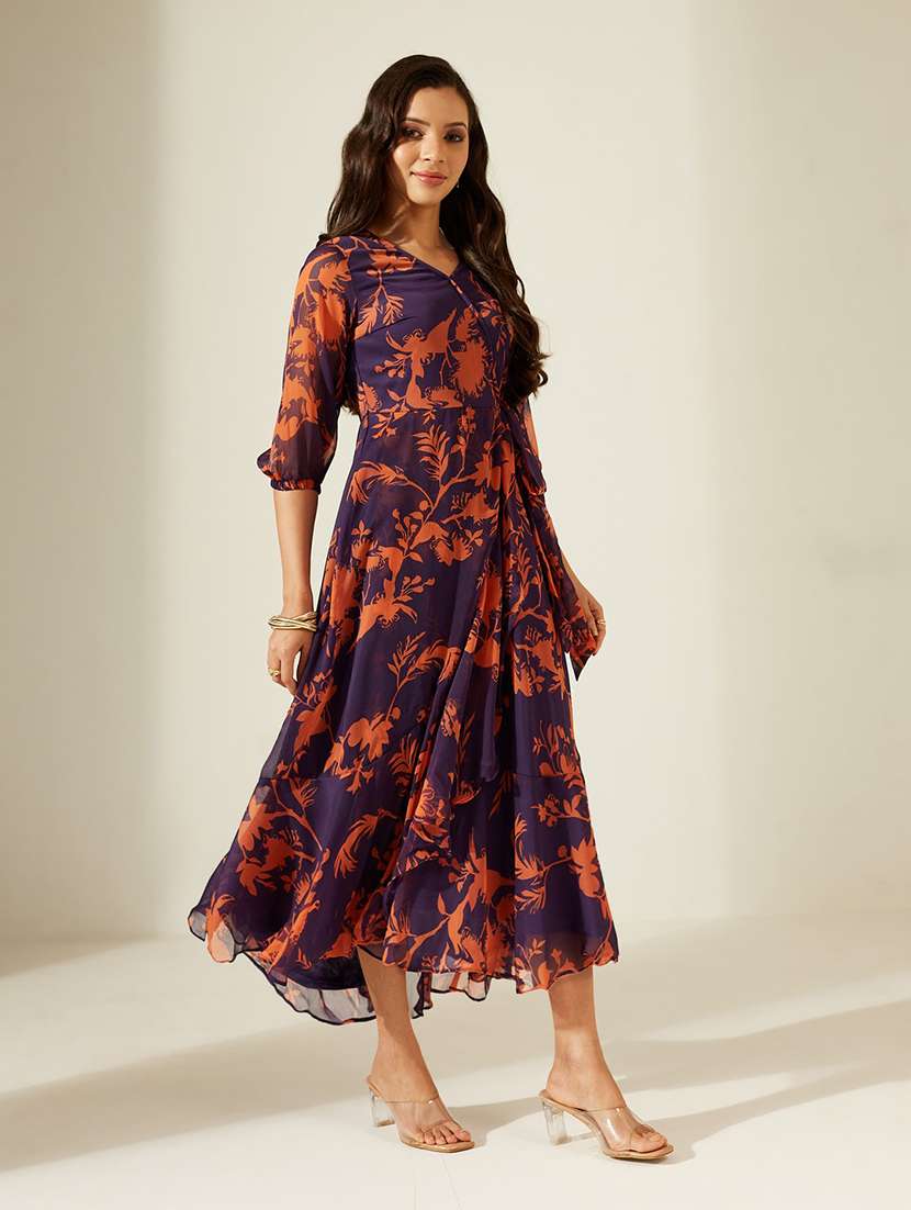 women printed three quarter sleeves tiered dress - 22587867 -  Standard Image - 3