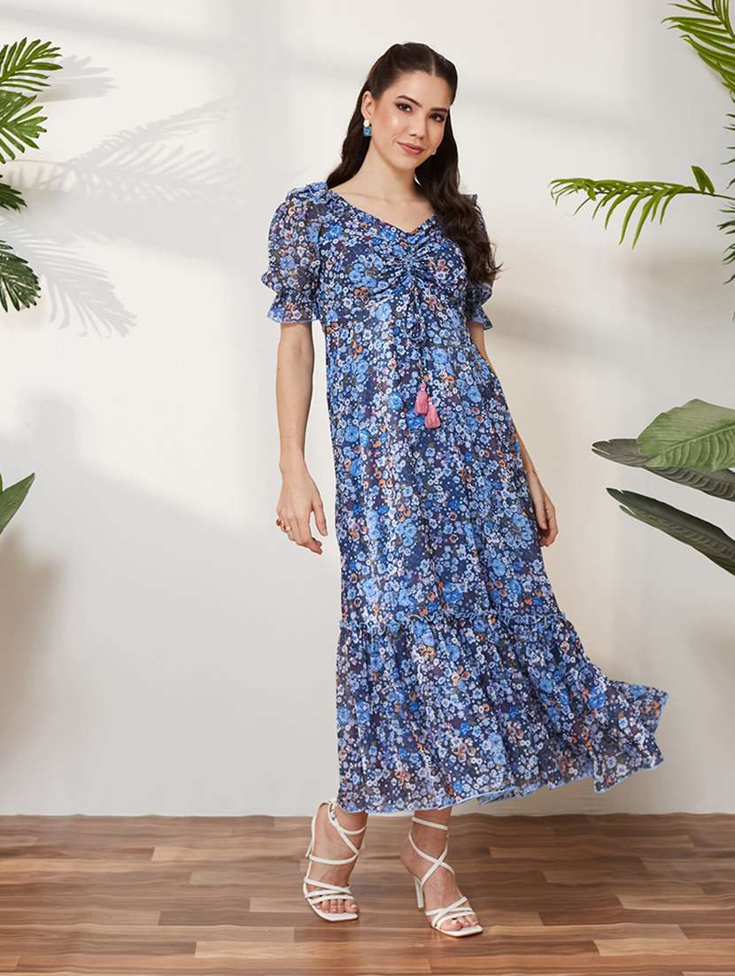 women printed puff sleeves tiered dress