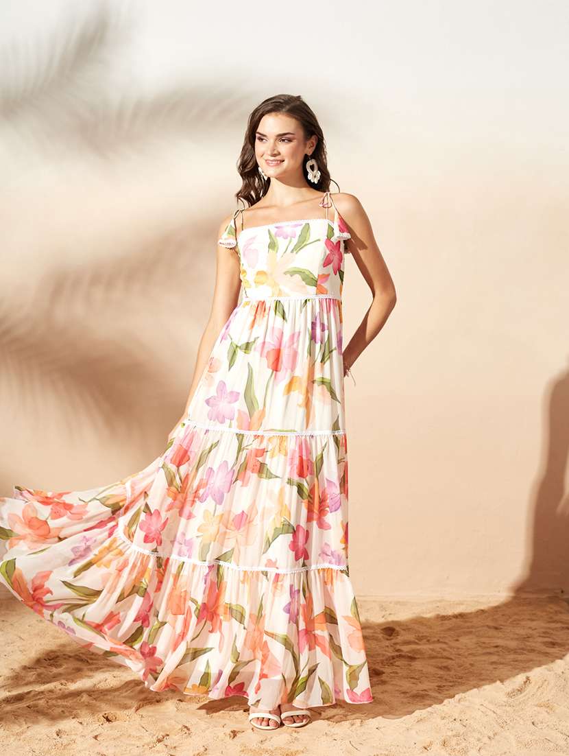 women printed shoulder strap tiered dress