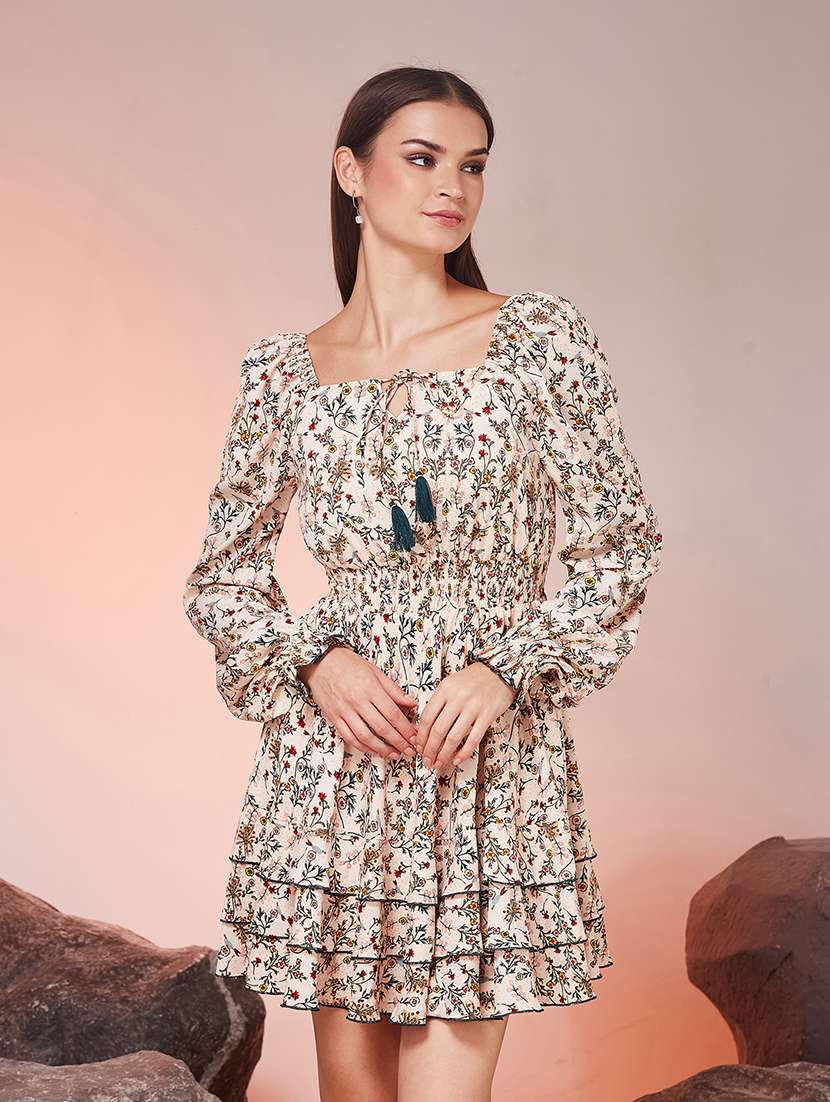 women printed long sleeves tiered dress