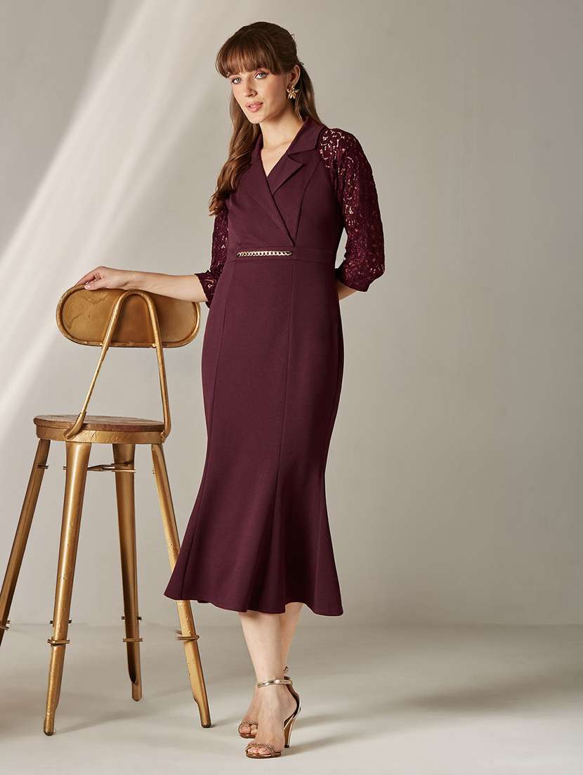 women self design three quarter sleeves sheath dress