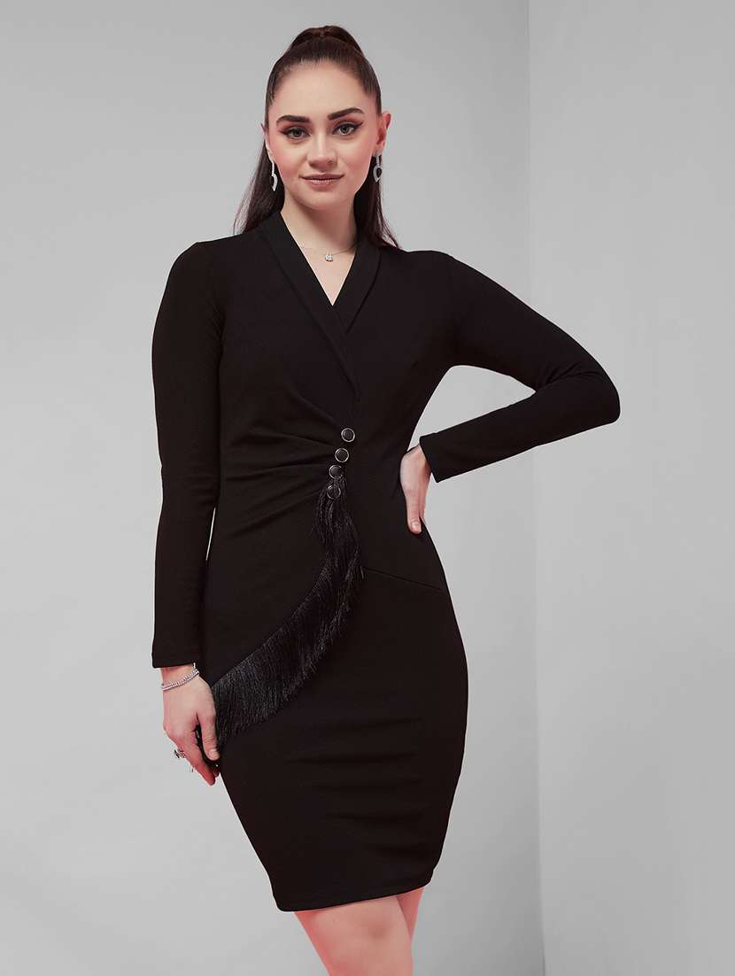women solid long sleeves bodycon dress