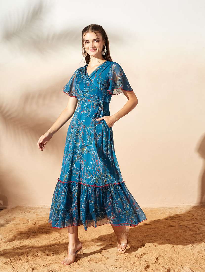 women printed flared sleeves tiered dress