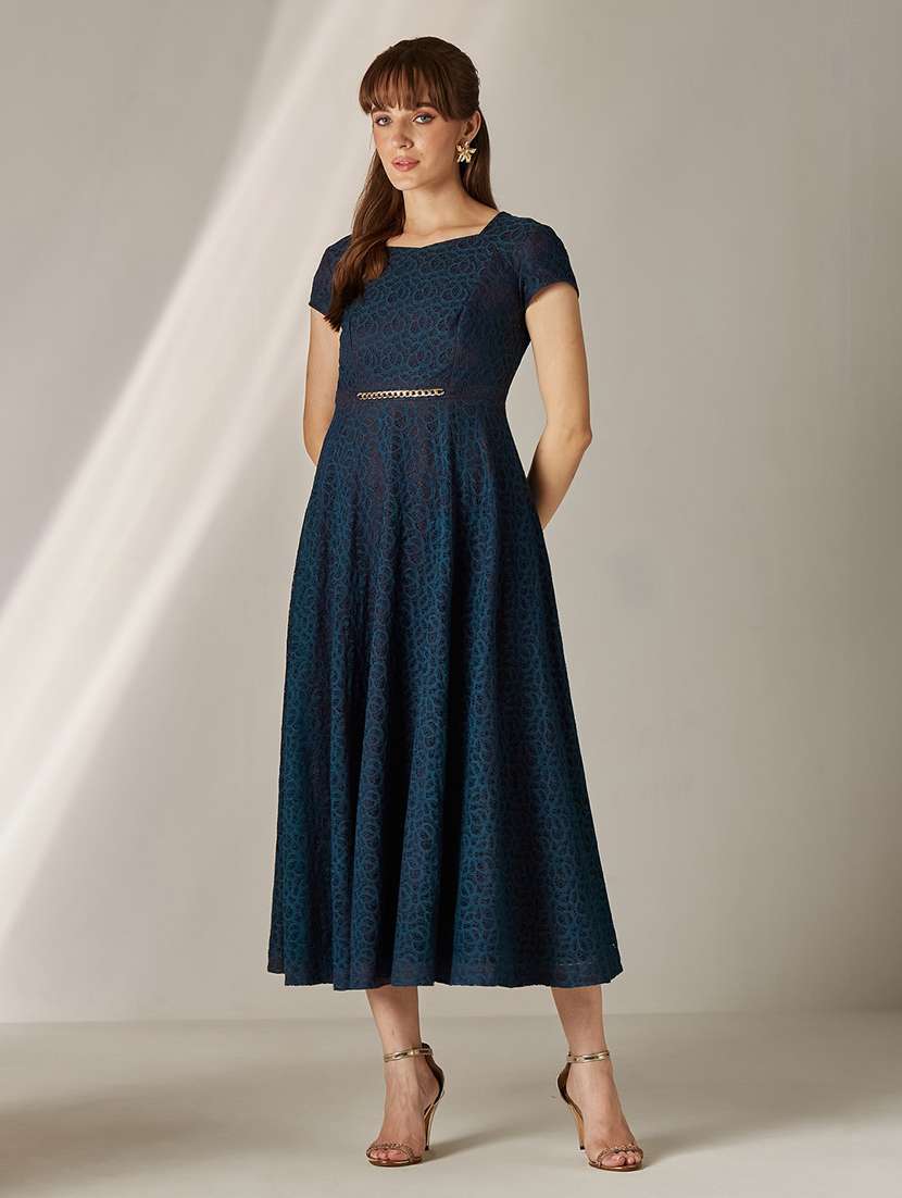 women self design cap sleeves fit and flare dress