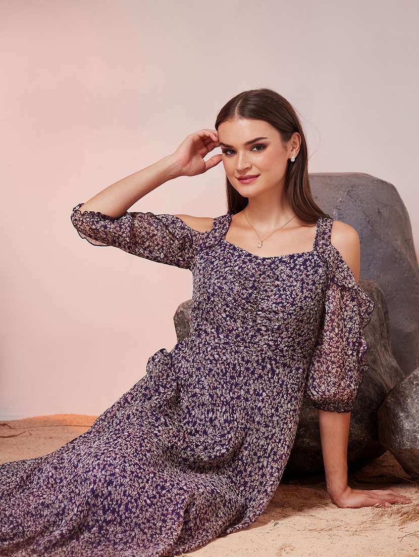 women printed cold shoulder fit and flare dress - 22587909 -  Standard Image - 5