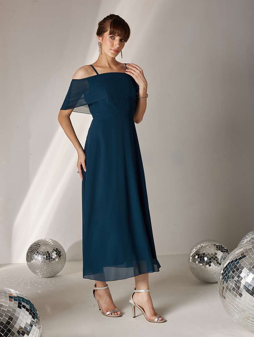 women solid cold shoulder fit and flare dress