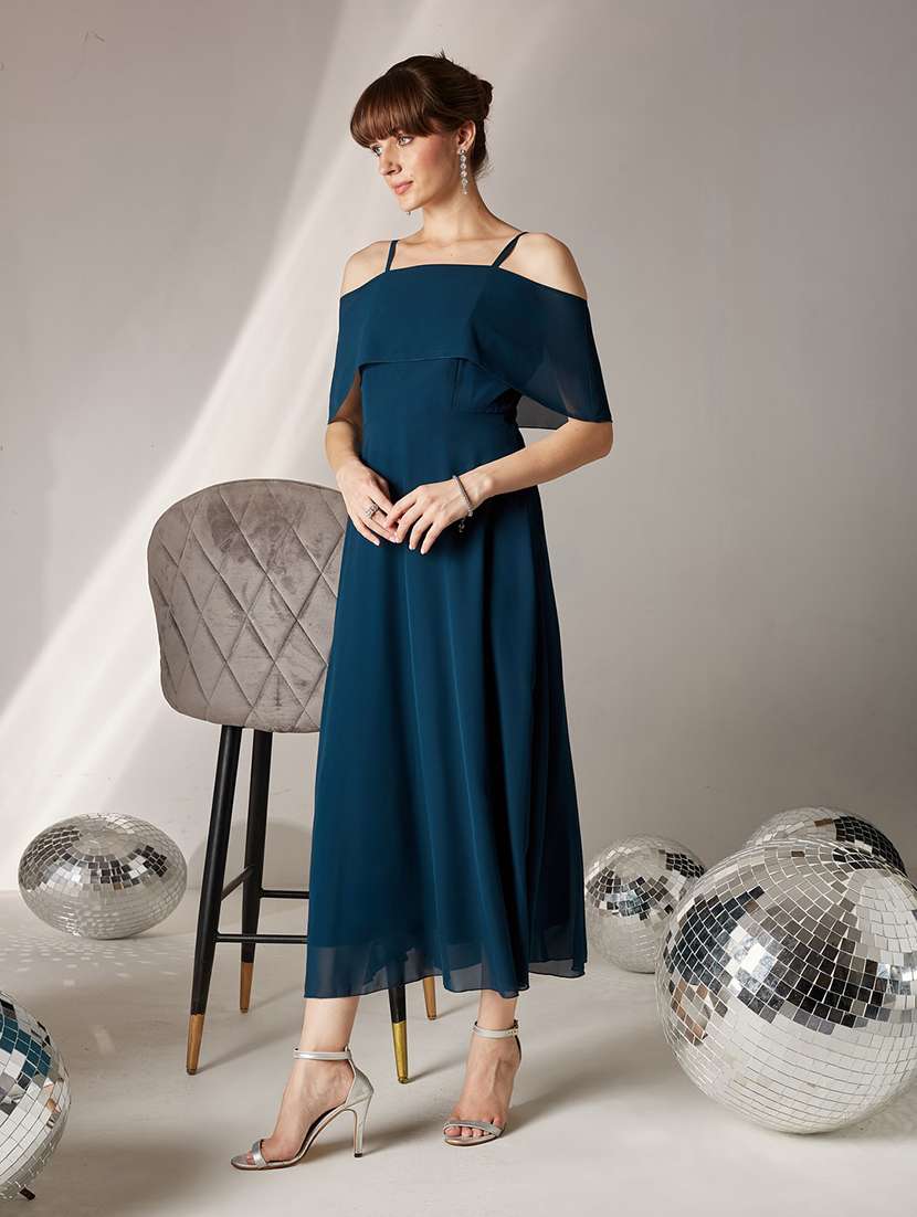 women solid cold shoulder fit and flare dress - 22587913 -  Standard Image - 5
