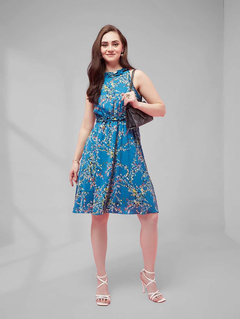 women printed sleeveless fit and flare dress
