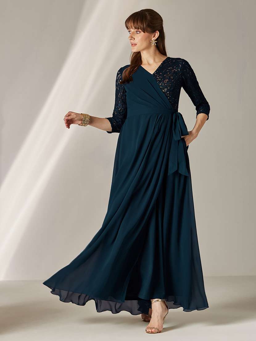women self design three quarter sleeves wrap dress