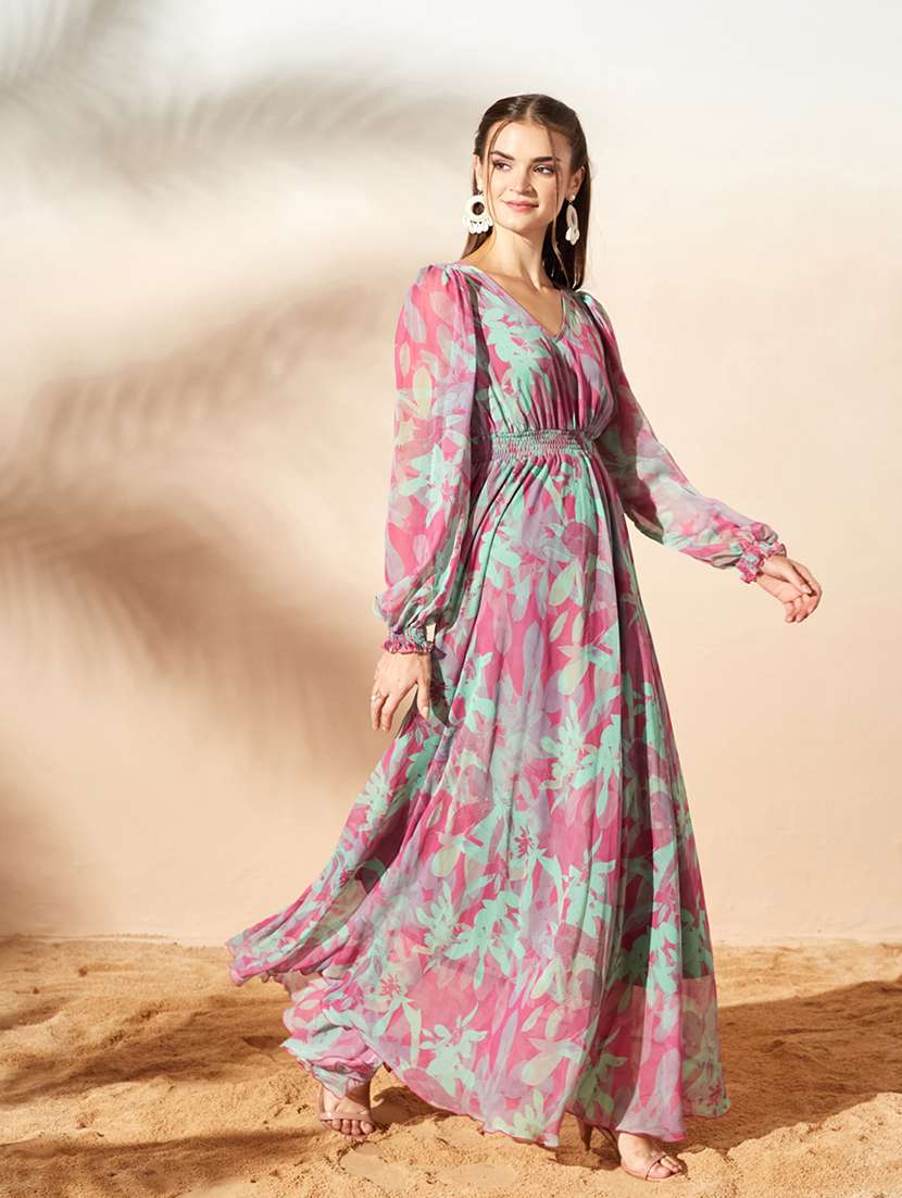 women printed bishop sleeves fit and flare dress - 22587922 -  Standard Image - 3