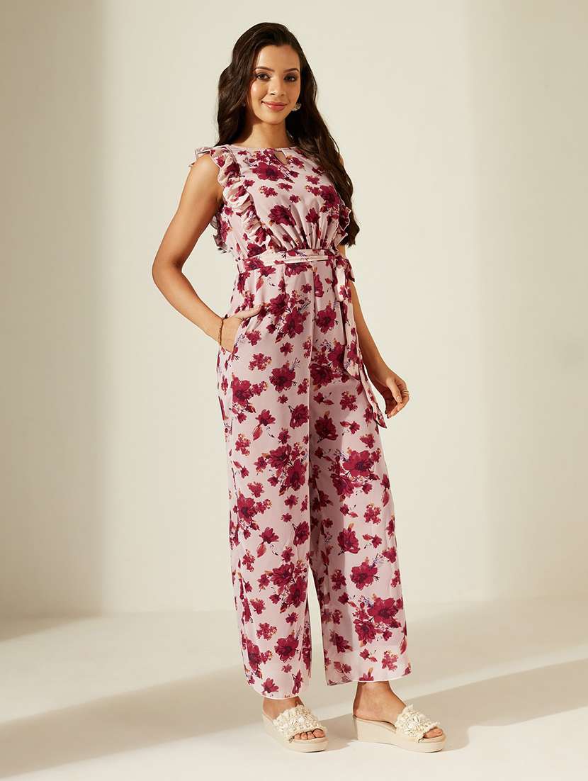 women printed sleeveless full leg jumpsuit